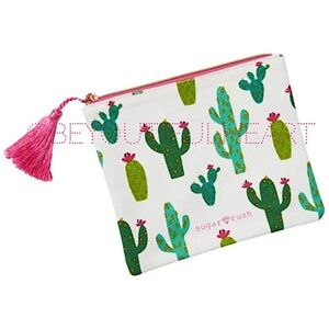 tarte Sugar Rush Cactus Print Flat Canvas Makeup Bag with Pink Tassel Zipper
